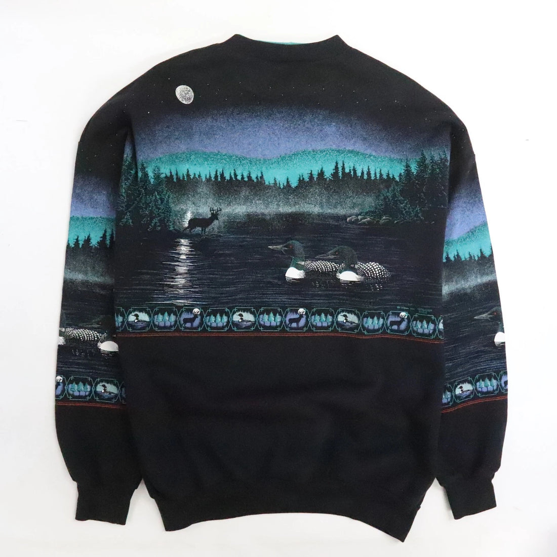 Vintage Loon Moose Forest Lake Crewneck Sweatshirt Large Nature All Over Print