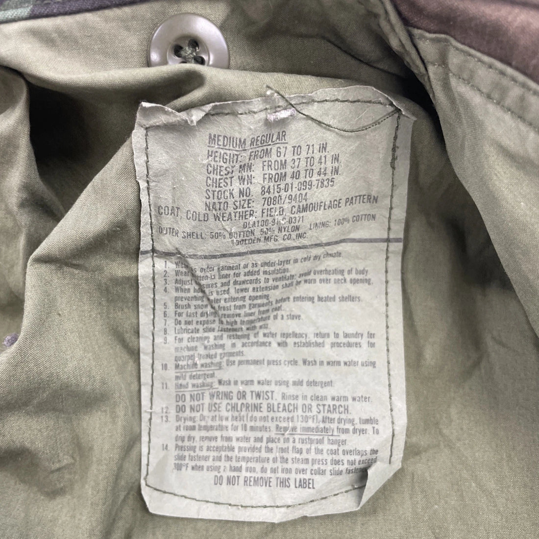 Vintage Military Army Cold Weather Camo Field Coat Jacket Size Medium