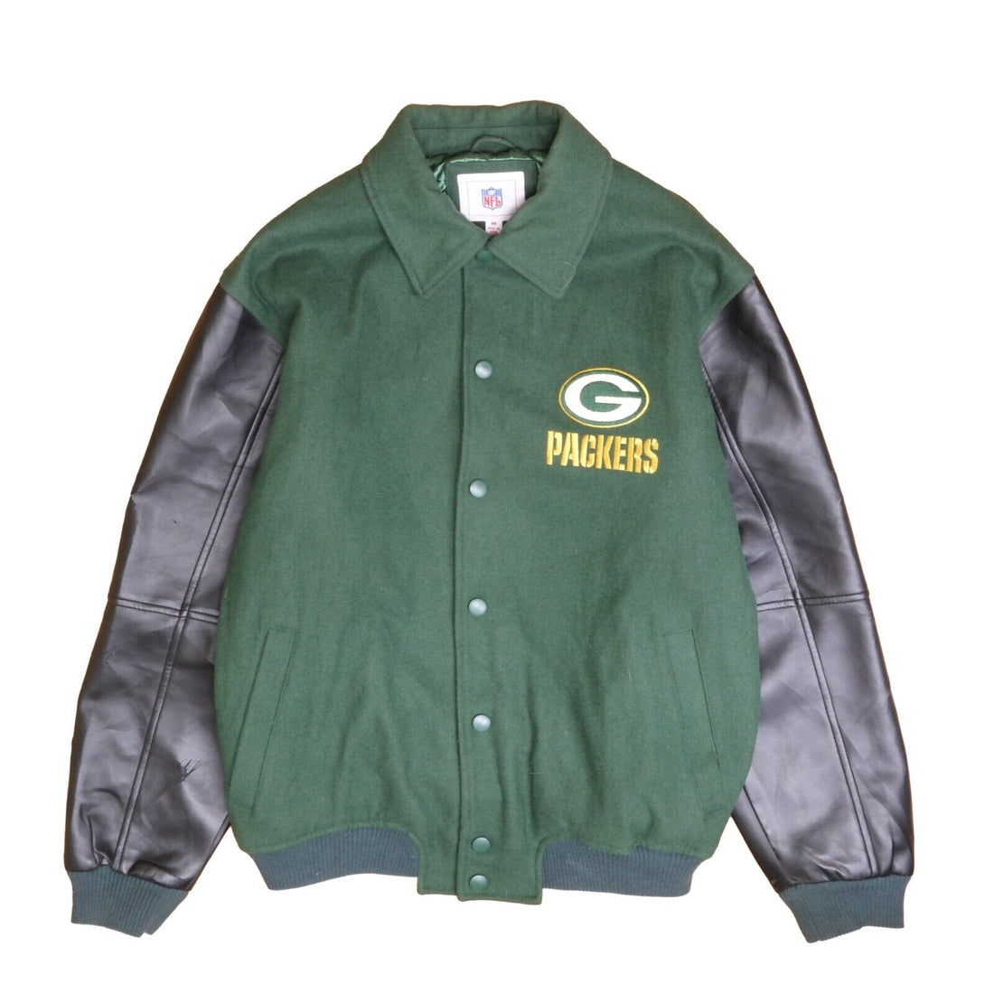 Green Bay Packers Leather Wool Varsity Bomber Jacket Size Medium NFL