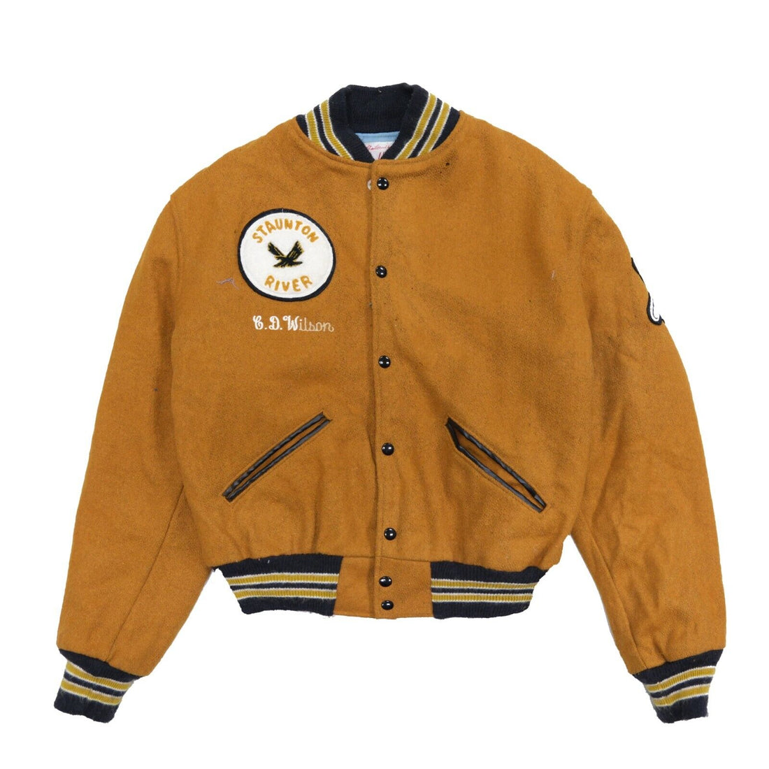 Vintage Staunton River Golden Eagles Wool Varsity Jacket Size Large Tan 80s
