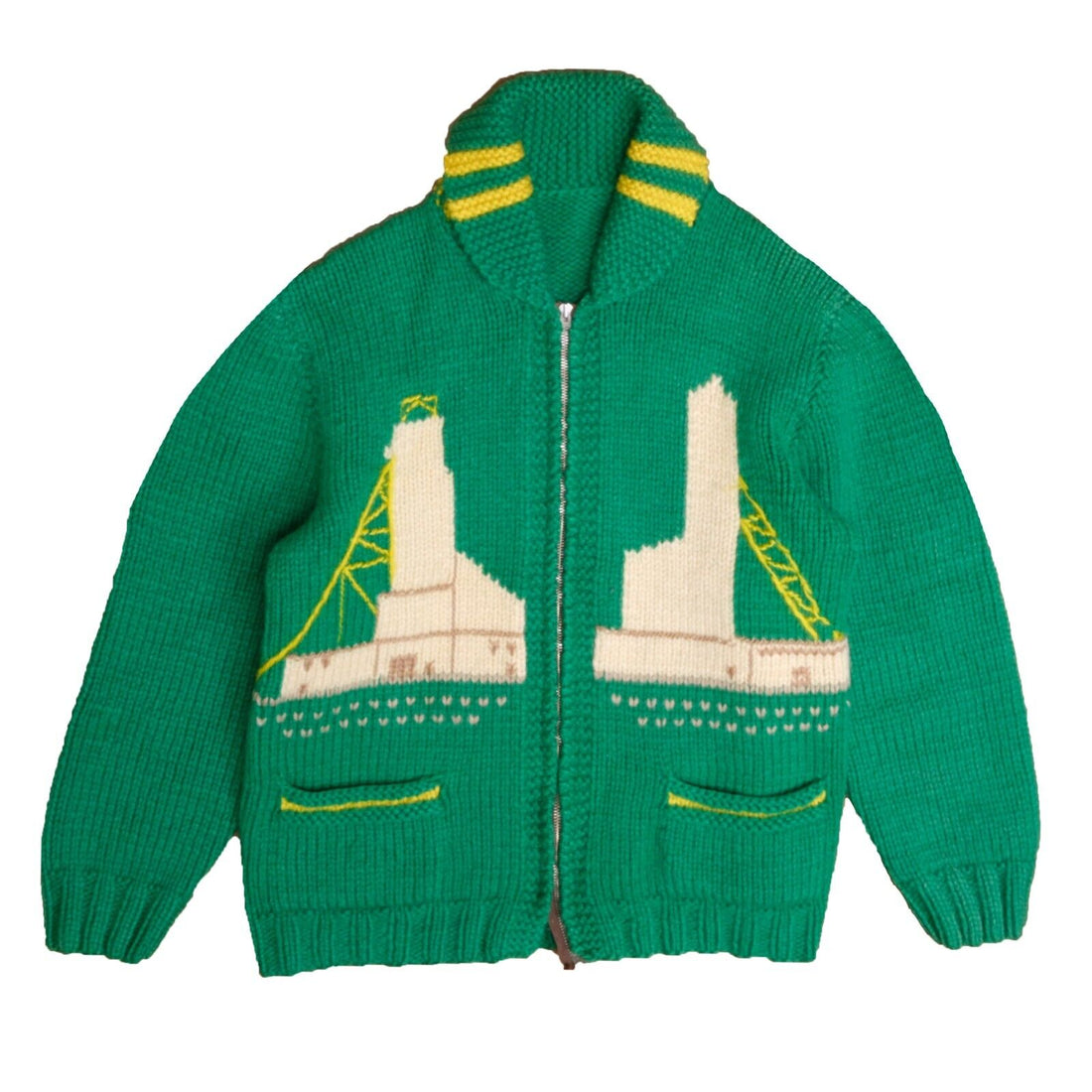 Vintage Farm Barn Wool Knit Cowichan Cardigan Sweater Medium Green Lightning Zip