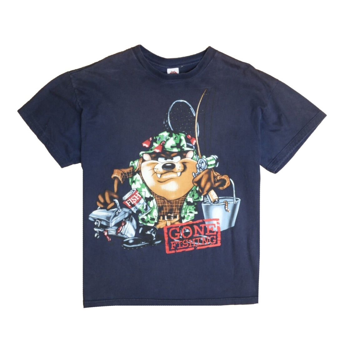 Vintage Taz Gone Fishing T-Shirt Size Large Blue Looney Tunes 1998 90s