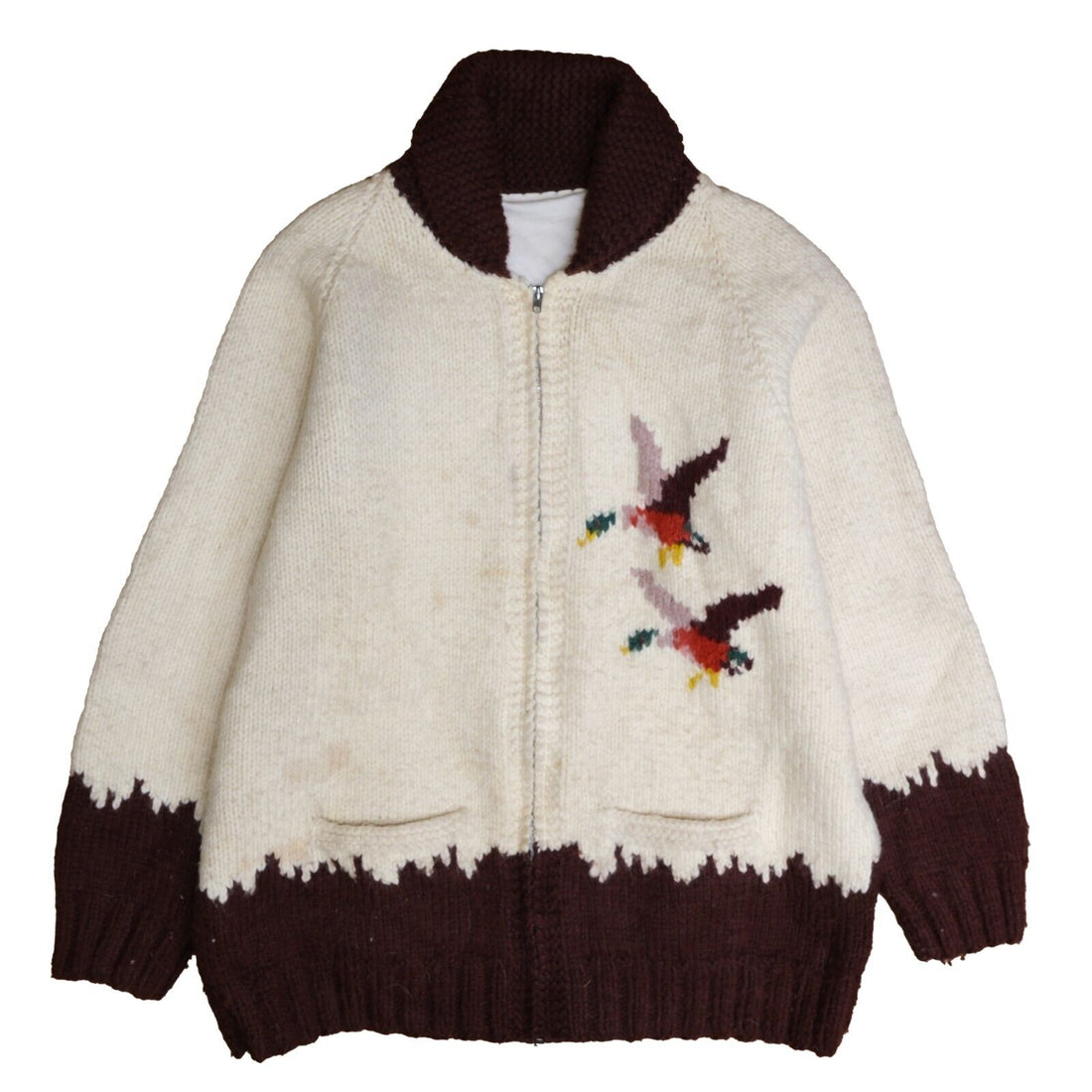 Vintage Mallard Duck Wool Knit Cowichan Sweater Size XL Full Zip