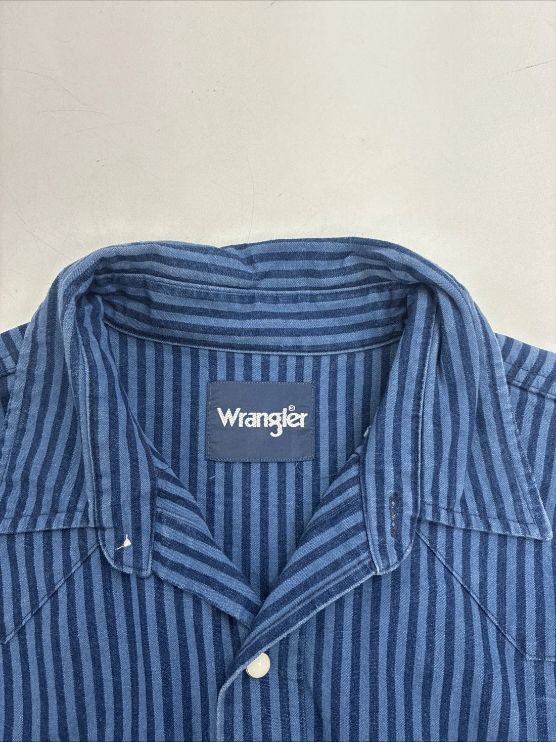 Vintage Wrangler Western Brushpopper Pearl Snap Shirt Large Rodeo Blue Striped