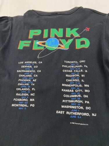 Vintage Pink Floyd World Tour T-Shirt Size Medium Black Band Tee 1987 80s