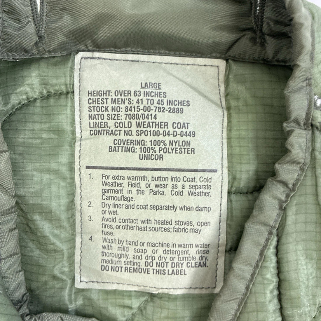 Army Military Quilted Cold Weather Coat Jacket Liner Size Large