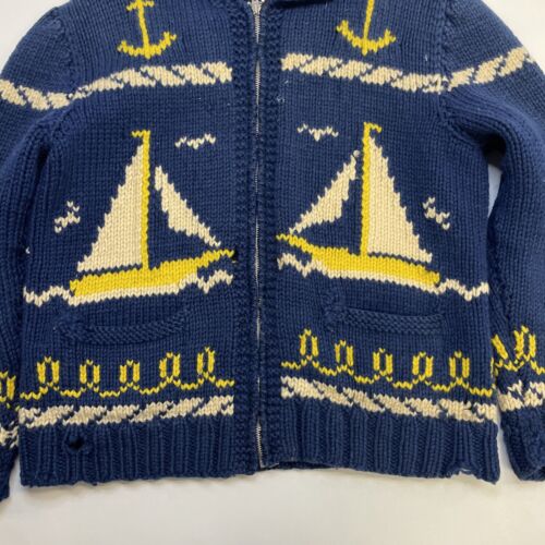 Vintage Sailboat Anchor Nautical Wool Knit Cowichan Sweater Medium Lightning Zip