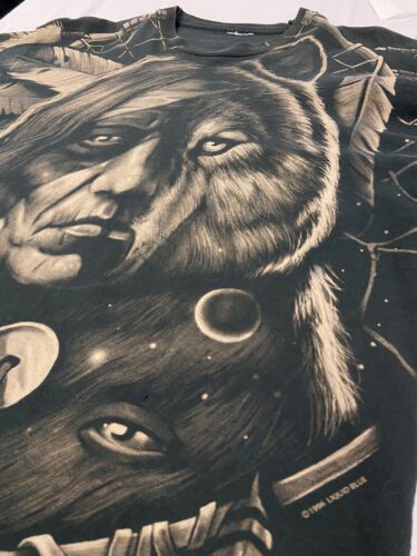 Vintage Native Chief Wolf Liquid Blue T-Shirt XL Dream Catcher AOP 1996 90s