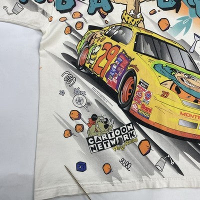 Vintage Flintstones Cartoon Network Wacky Racing T-Shirt XL All Over Print 1996