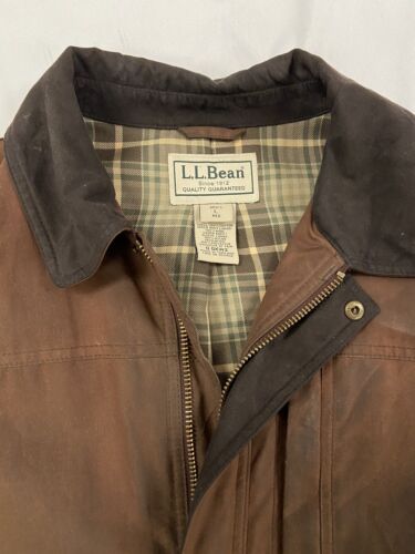 Vintage LL Bean Leather Coat Jacket Size Large Brown Plaid Lined 90s