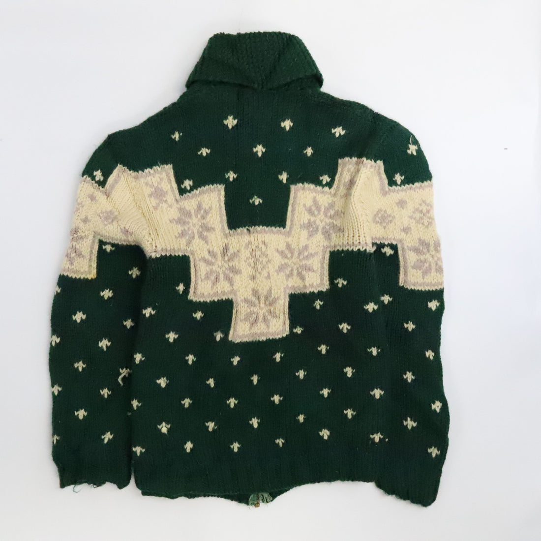 Vintage Snowflake Wool Cowichan Cardigan Sweater Size Medium Fair Isle Green