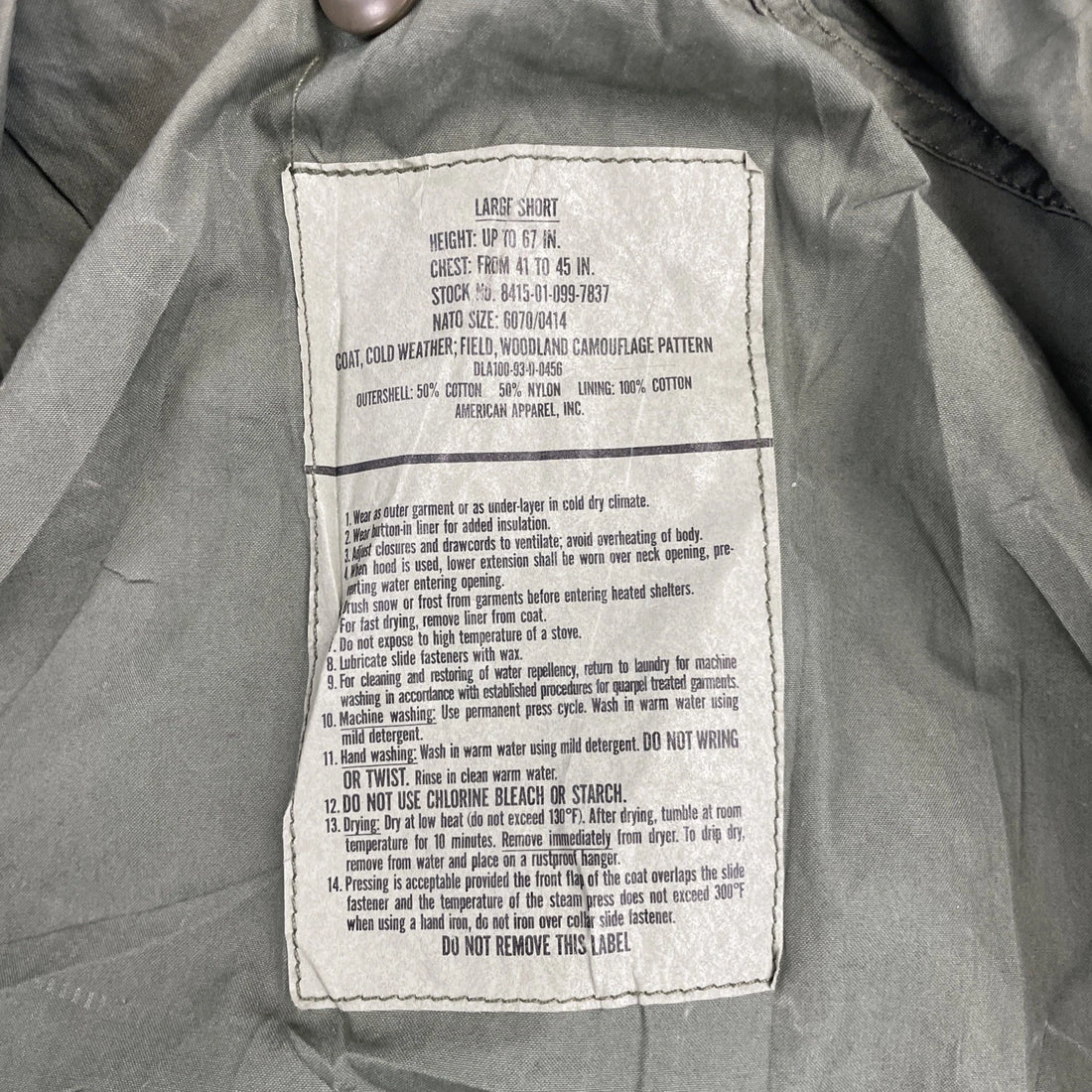 Army Military Cold Weather Camo Field Coat Jacket Size Large Short