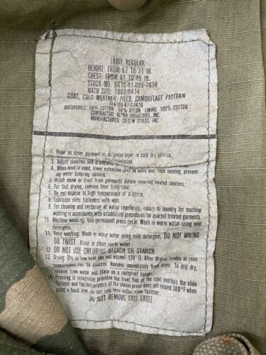 Vintage Military Army Camo Cold Weather Field Jacket Size Large Camouflage