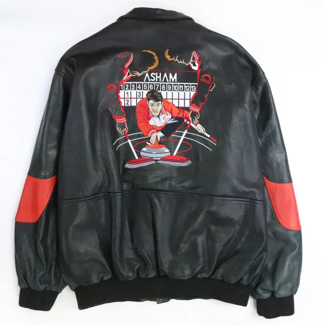Vintage Asham Curling Leather Varsity Bomber Jacket Size XL