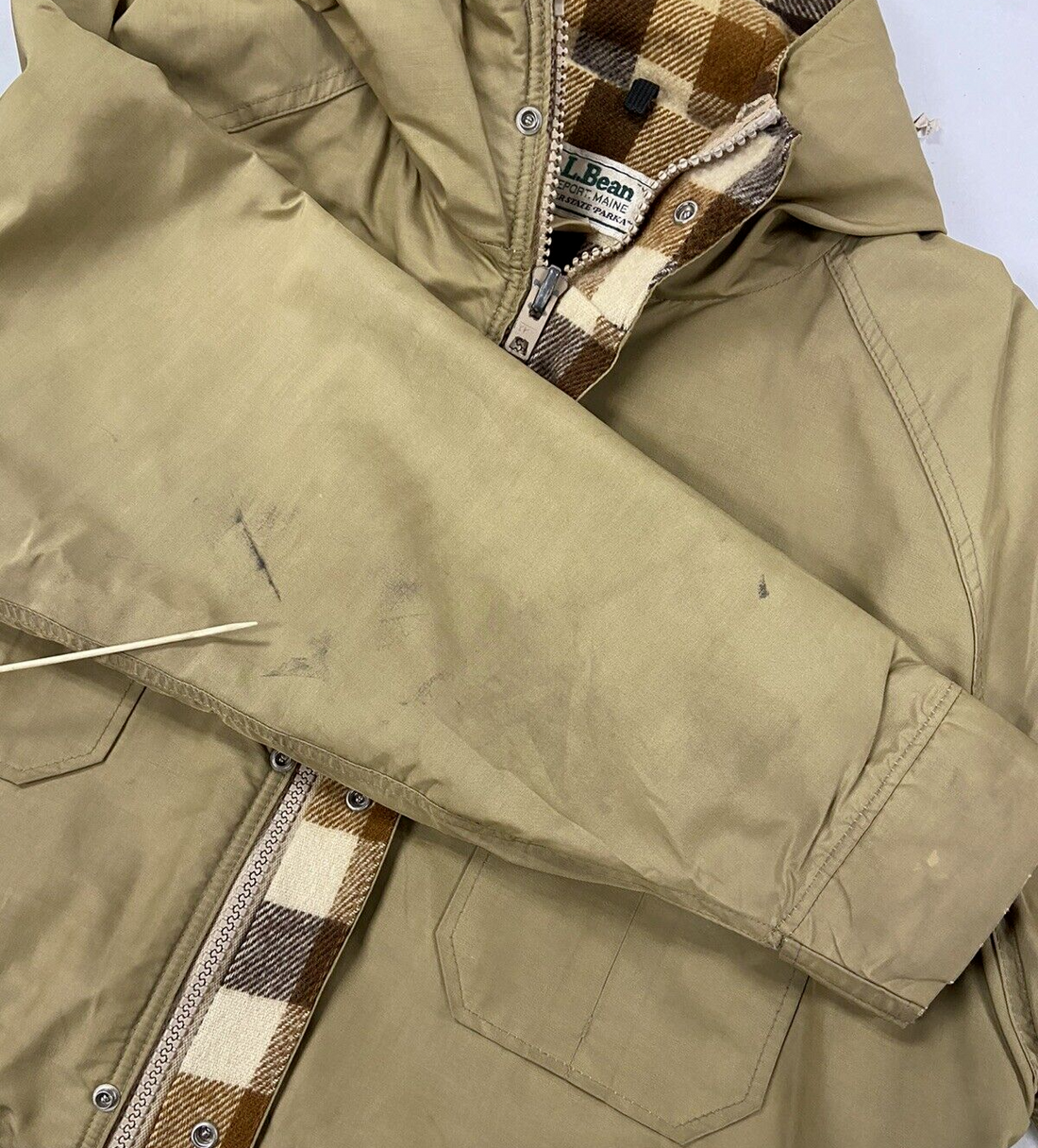 Vintage LL Bean Baxter State Parka Coat Jacket Size XL Beige Plaid Lined