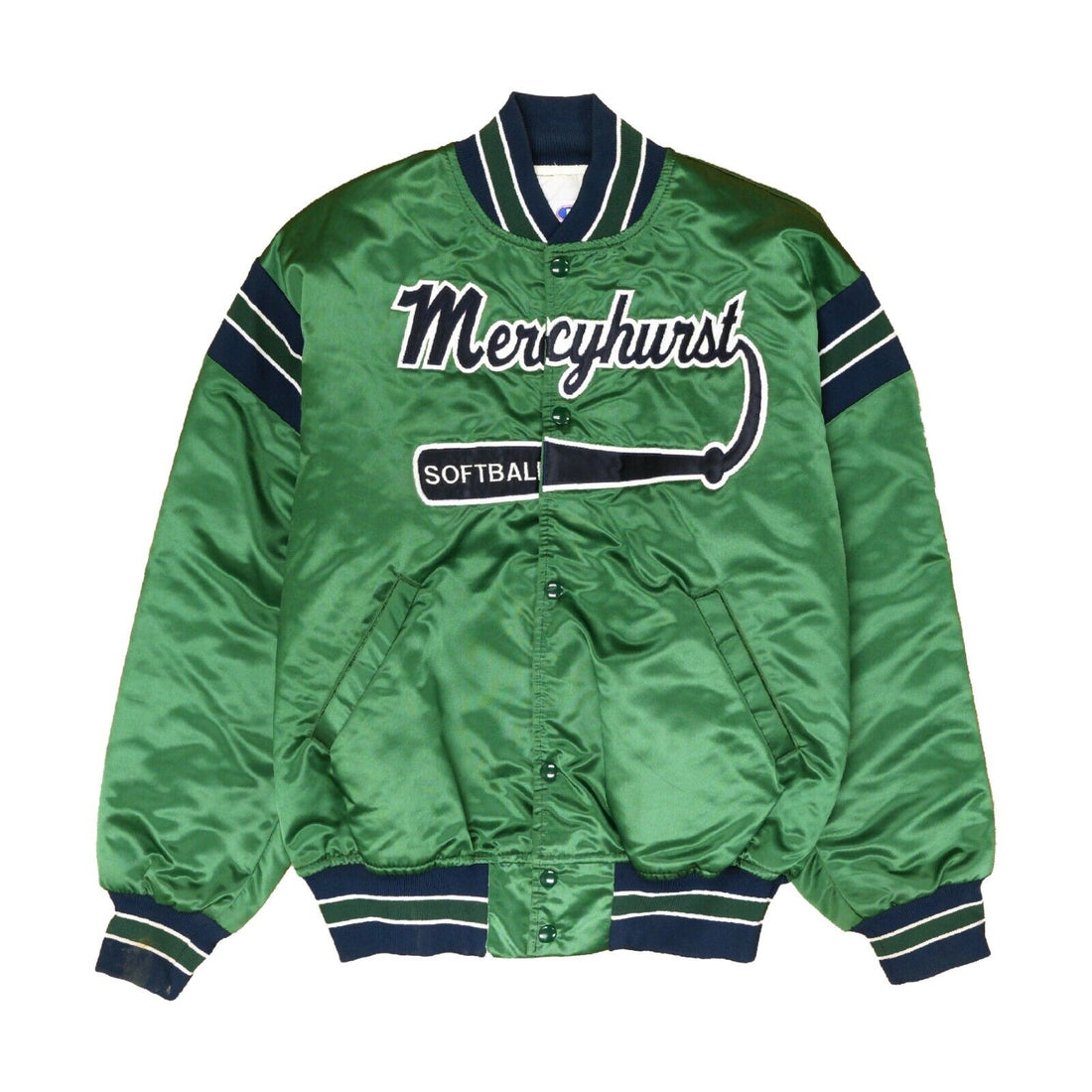 Vintage Mercyhurst Softball Satin Bomber Jacket Size Medium Green Made USA 90s