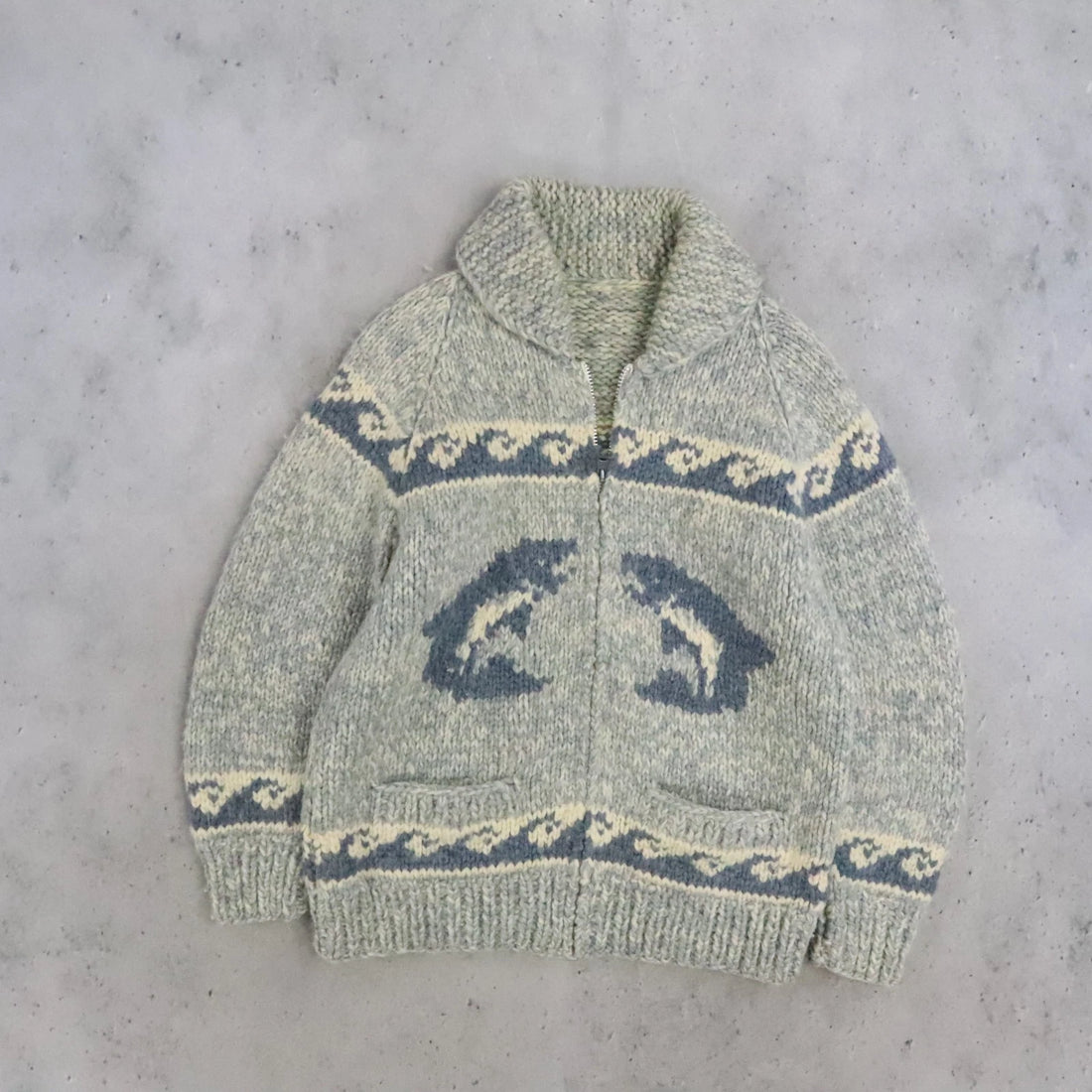 Fish Wool Knit Cowichan Sweater Size Large Vintage