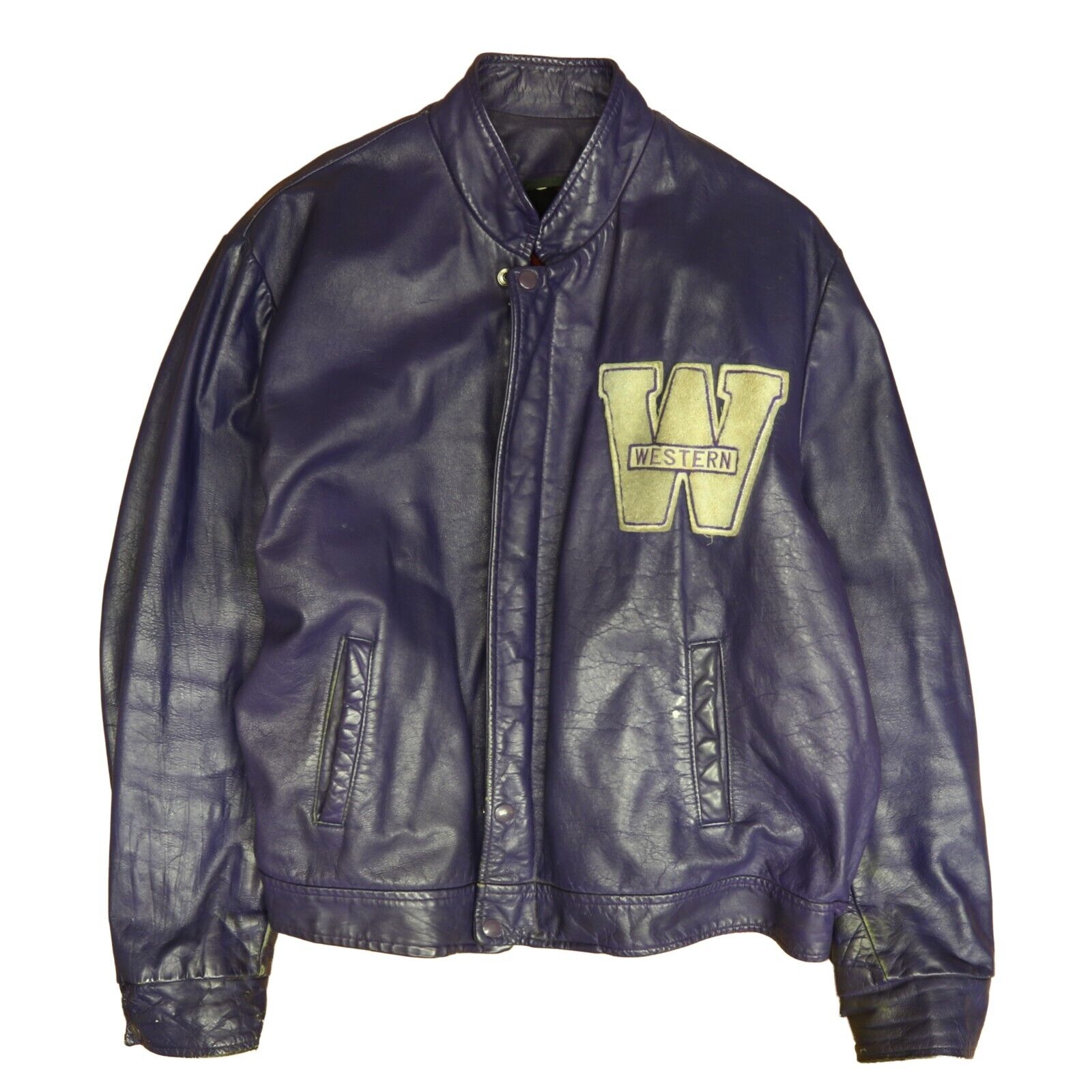 Vintage Western Letterman Leather Varsity Jacket Size Large Purple Bla Throwback Vault