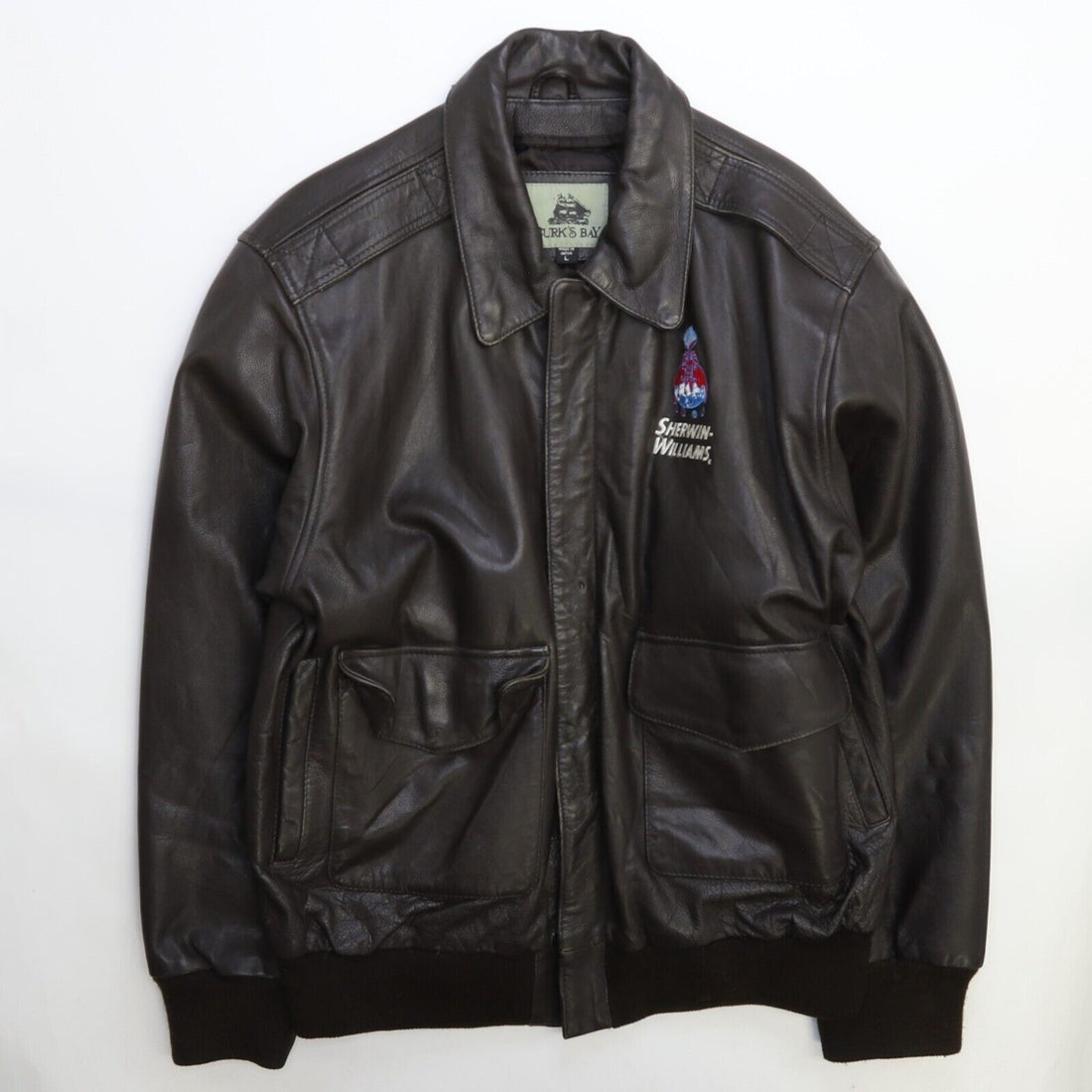 Vintage Sherwin-Williams Leather Bomber Jacket Size Large Brown