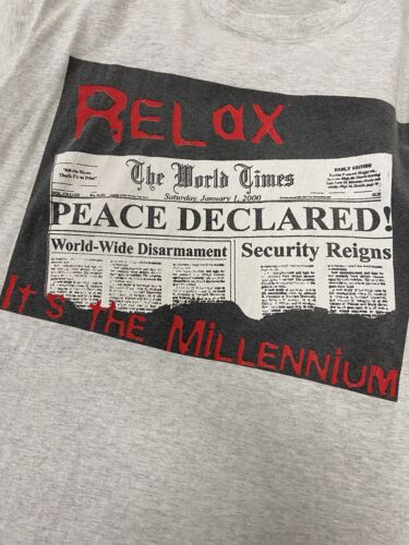Vintage Relax It's The Millennium Newspaper T-Shirt Large Peace Declared 90s