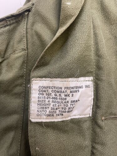 Vintage Confection Frontenac Combat Coat OG 107 Military Coat Jacket Small 70s