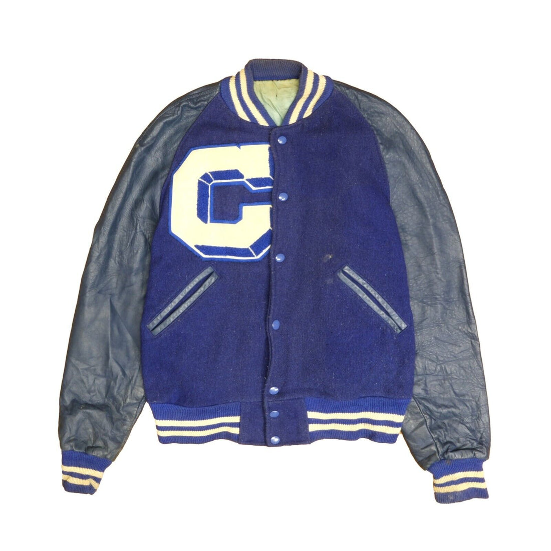 Vintage Letterman Leather Wool Varsity Bomber Jacket Size Small Blue