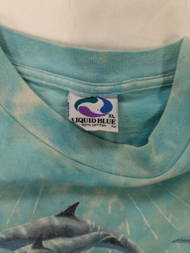 Vintage Ocean Life Liquid Blue Tie Dye T-Shirt XL Dolphins Marine Nature 90s