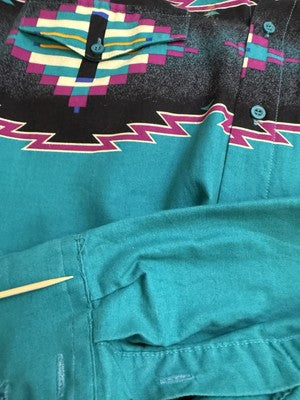 Vintage Roper Aztec Western Button Up Shirt Size Large Tall Teal