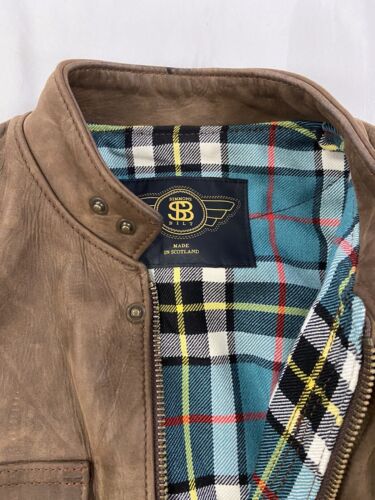 Simmons Bilt Steerhide Leather Coat Jacket Size 42 Brown Belted Plaid Lined