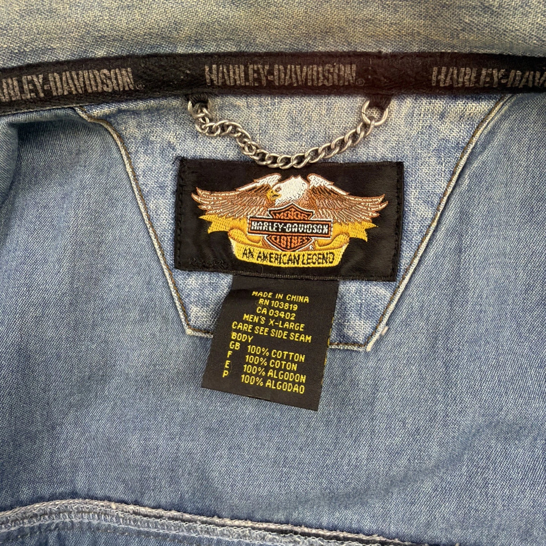 Harley Davidson Motorcycles Denim Trucker Jacket Size XL Leather Embossed Eagle
