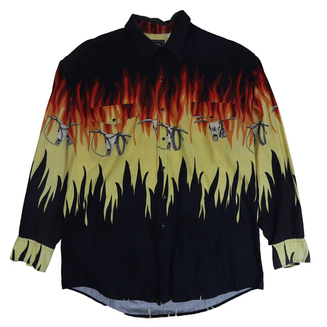 Vintage Roper Western Button Up Shirt Size XL Flame Fire Cow Skull