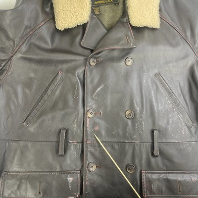 Vintage Avirex Leather Parka Coat Jacket Large Sherpa Collar Double Breasted