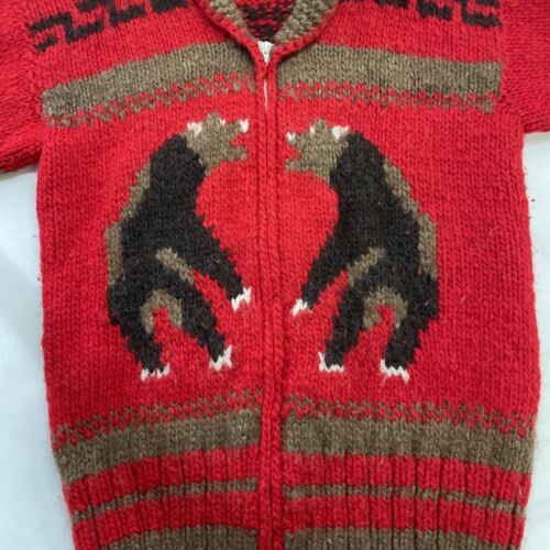 Vintage Bear Wool Knit Cowichan Sweater Size Medium Red