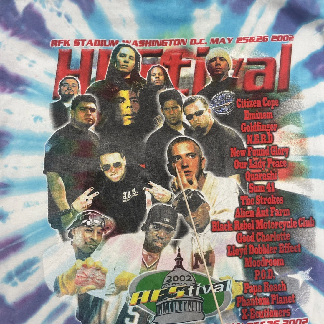 Vintage HFStival 2002 Tie Dye T-Shirt Size XL Music Festival Eminem Sum 41 NERD