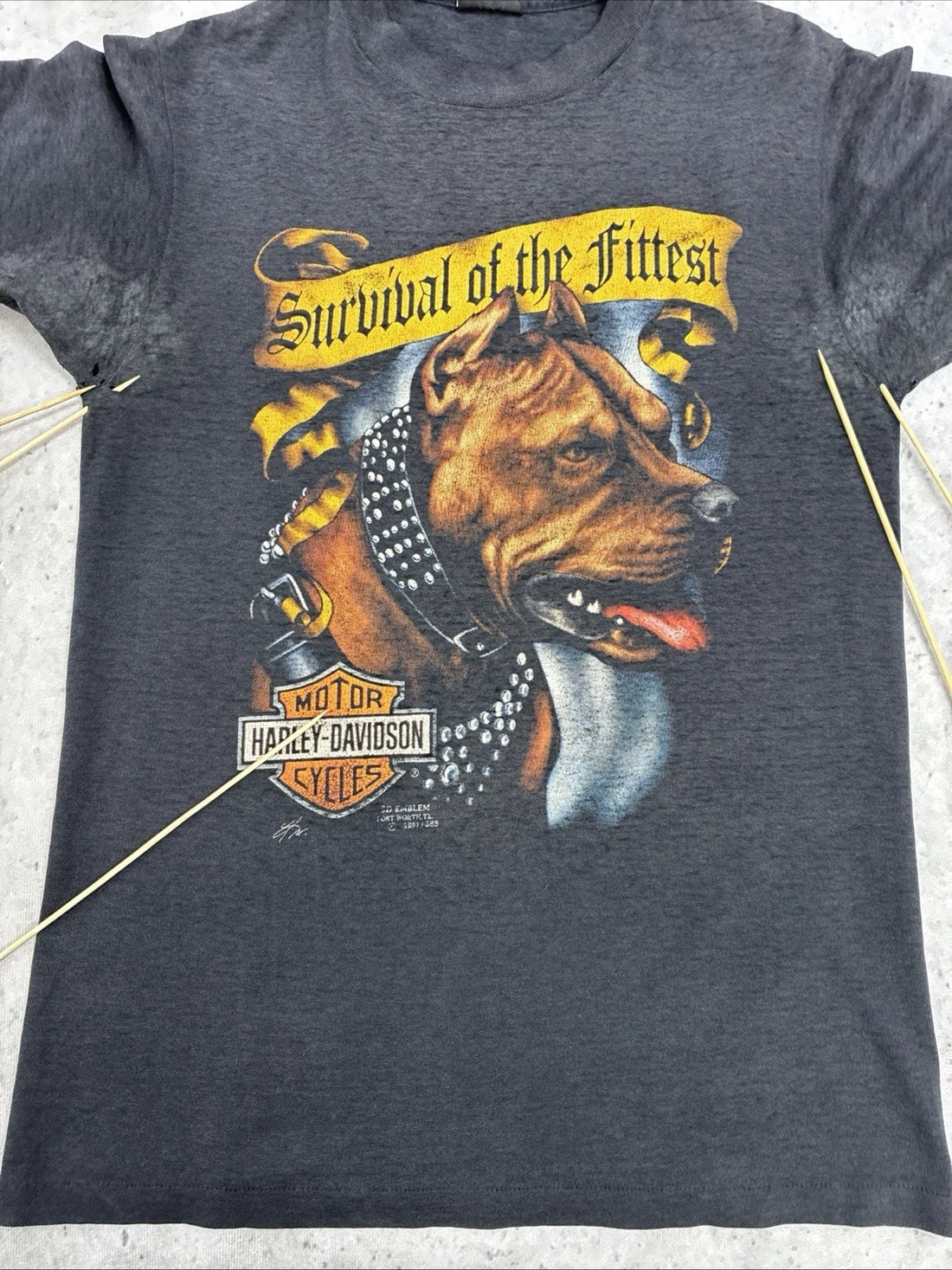 Vintage 3D Emblem Harley Davidson Survival Of The Fittest T-Shirt Medium 1991