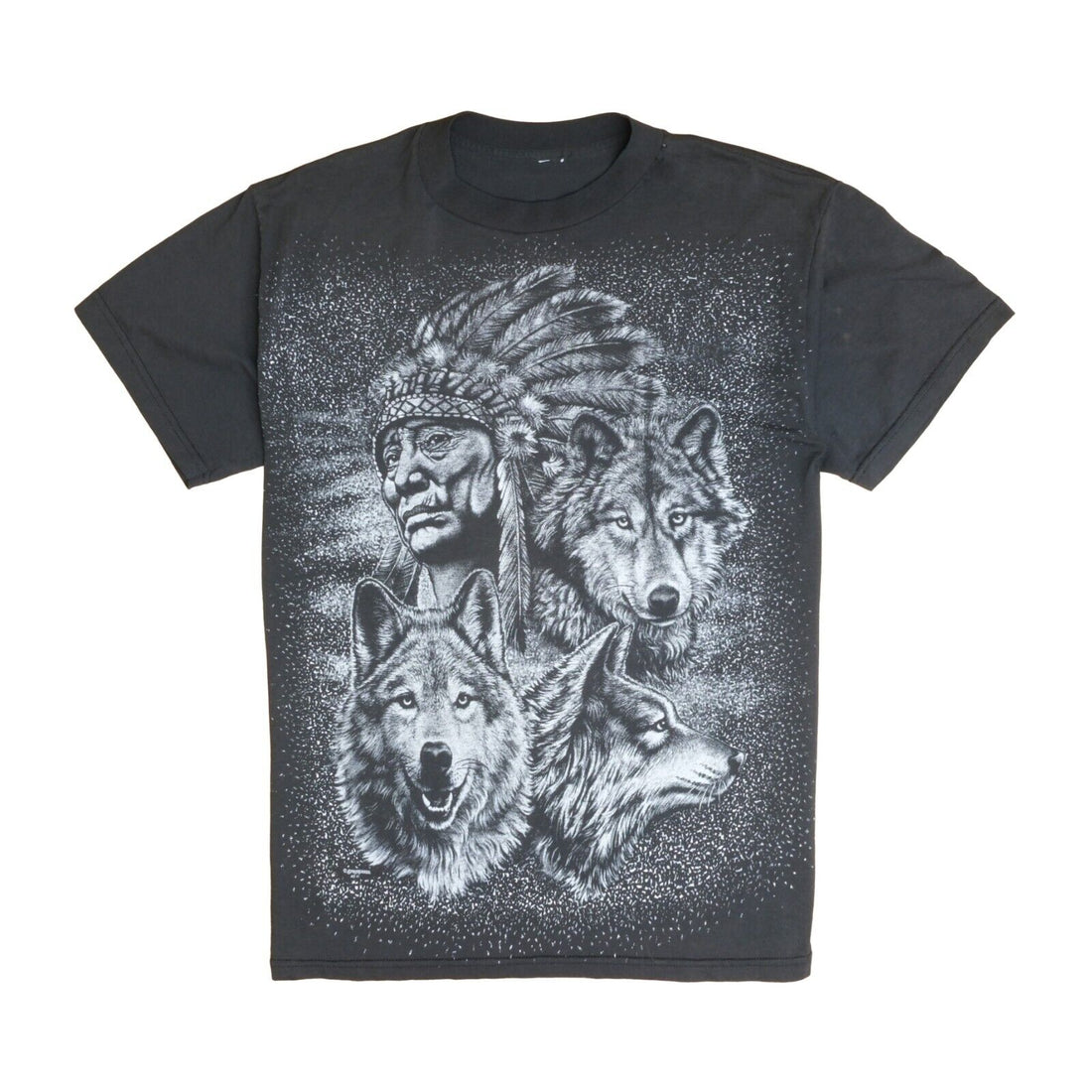 Vintage Native Shaman Wolves T-Shirt Size Medium Black All Over Print