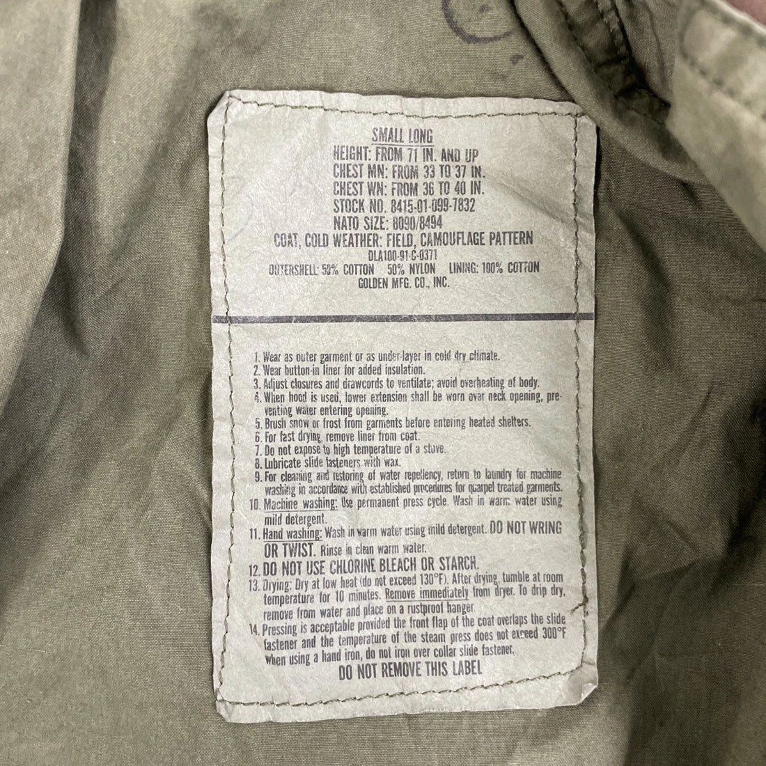 Cold Weather Camo Field Coat Jacket Size Small Long Army Military