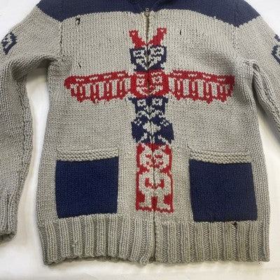 Vintage Totem Pole Thunderbird Wool Knit Cowichan Sweater Large Native