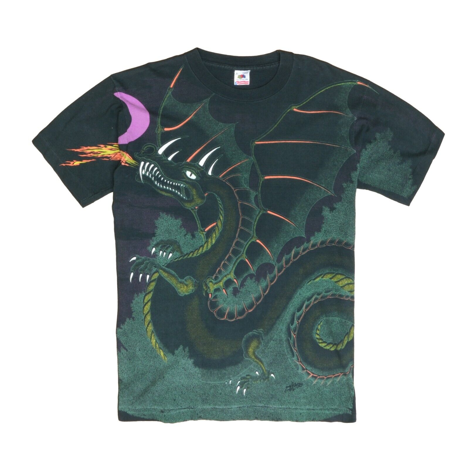 Vintage Dragon Castle T-Shirt Size Large Black Fantasy All Over