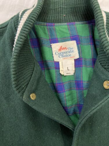 Vintage Leather Wool Varsity Bomber Jacket Size Large Green Plaid Lined