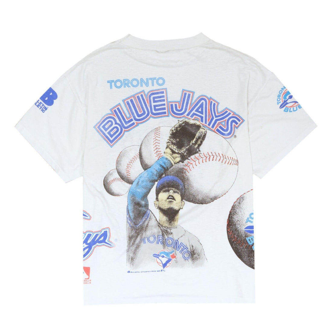 Vintage Blue Jays Bulletin Athletic T-Shirt Size Medium White AOP