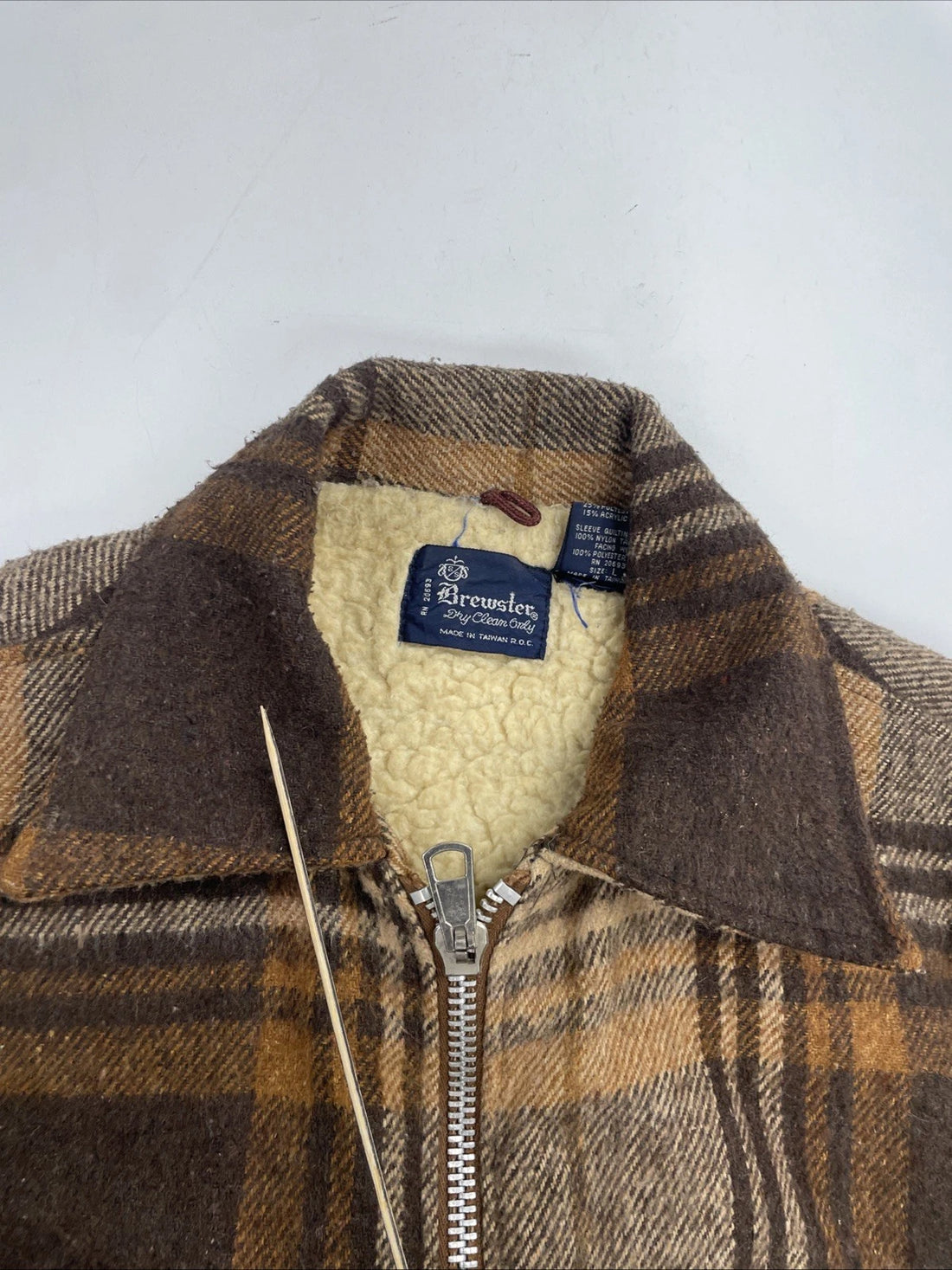 Vintage Brewster Wool Coat Jacket Size Large Sherpa Lined Brown Plaid