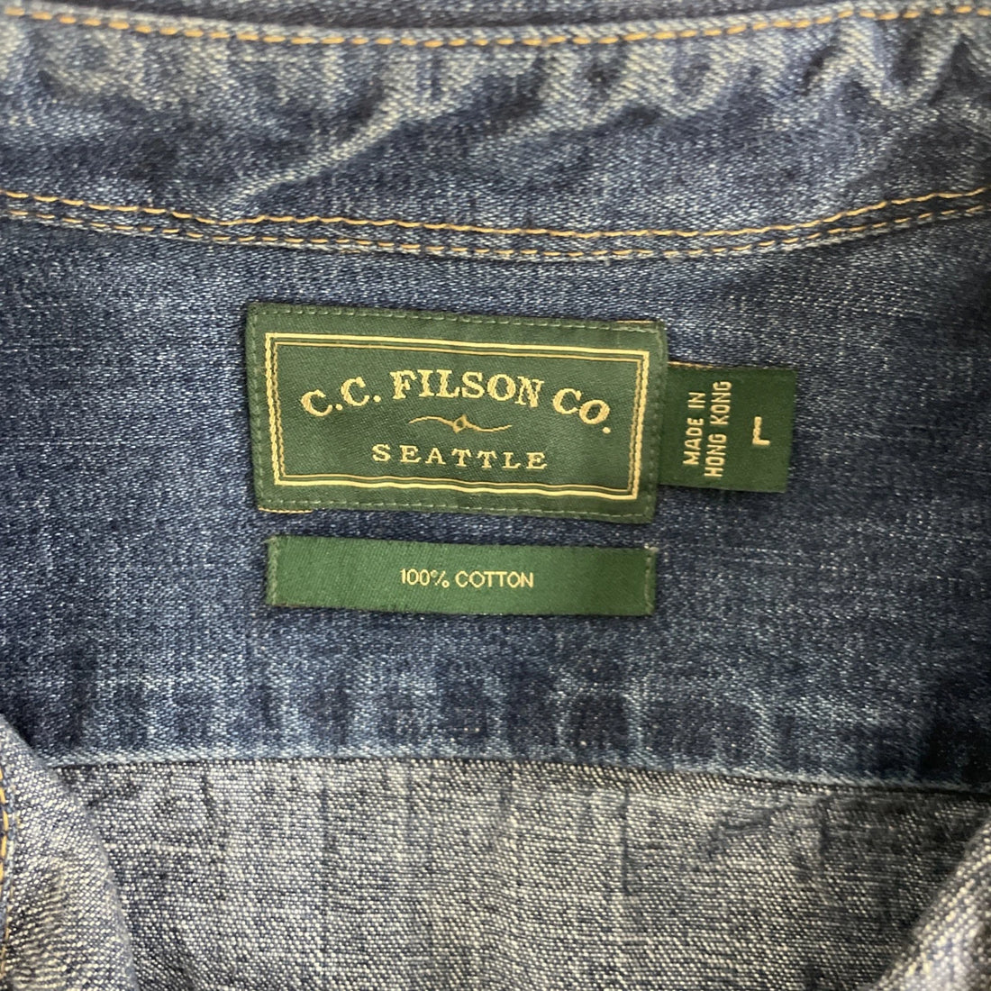 C.C. Filson Denim Button Up Shirt Size Large