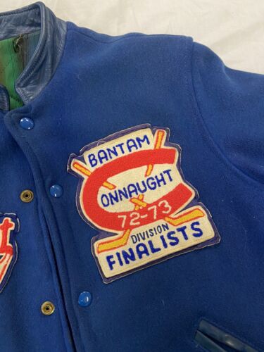 Vintage Connaught Bantam Hockey Wool Leather Varsity Jacket Size Small Blue