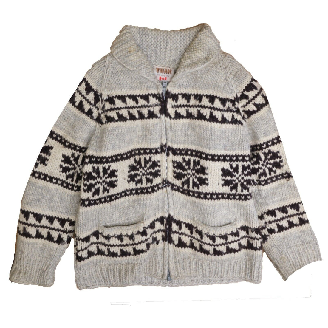 Vintage Tuak Snowflake Wool Knit Cowichan Cardigan Sweater Size Large Acme Zip