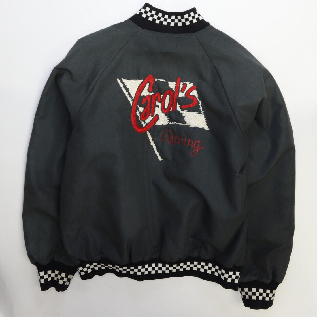 Vintage Carol's Racing Bomber Jacket Size Large Checkered Chain Stitch