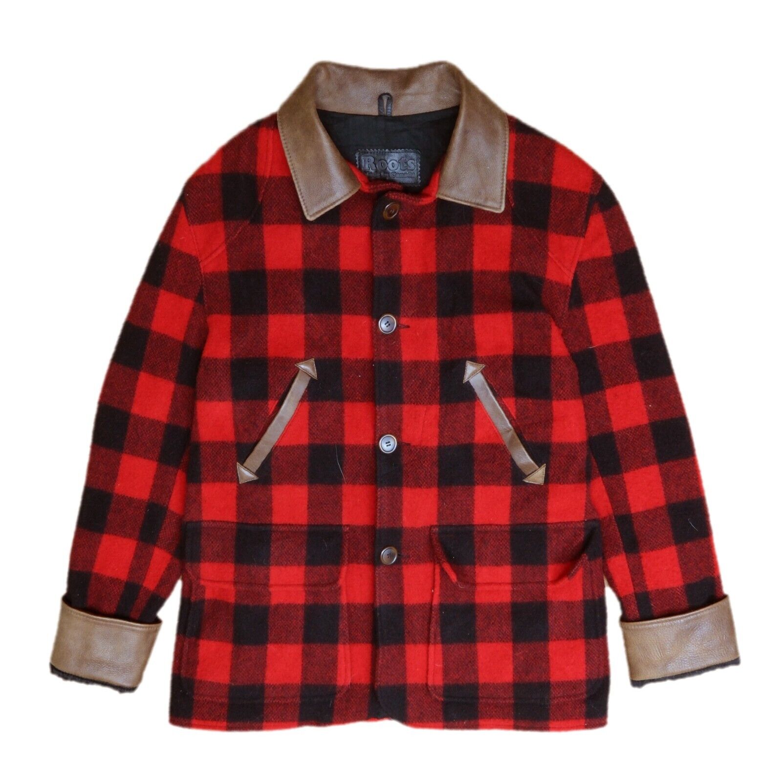 Vintage Roots Wool Plaid Button Up Field Coat Jacket Size Large Red 90s