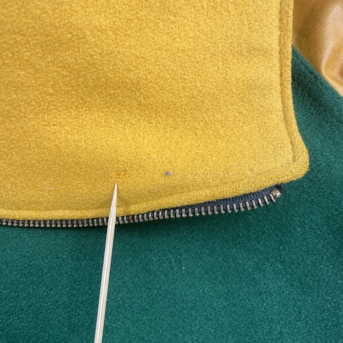 Vintage Holloway Leather Wool Varsity Jacket Size Large Green Yellow