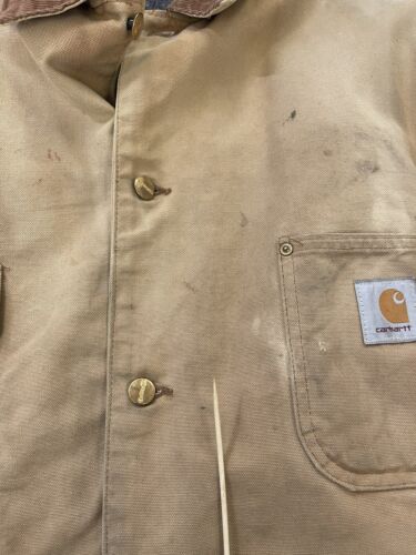 Vintage Carhartt Canvas Chore Work Jacket Size Large Khaki Blanket Lined