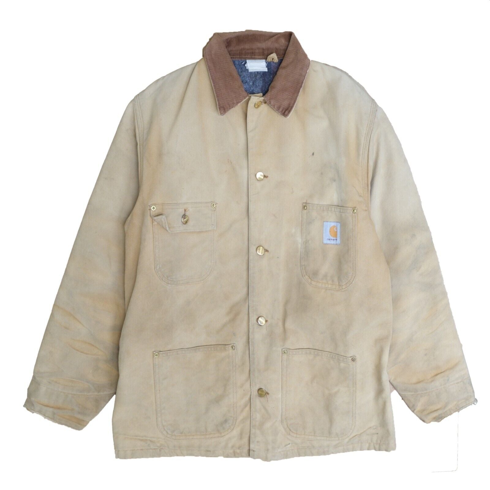 Vintage Carhartt Canvas Chore Work Jacket Size Large Khaki Blanket Lined